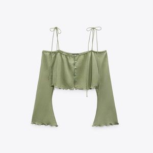 Zara Light Khaki Flowy Crop Top Size M